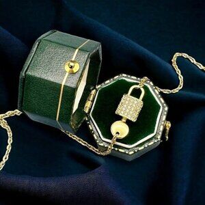 NEW Dainty Lock Key Pendant Necklace 18K Gold Plated CZ  Choker Minimalist 16”